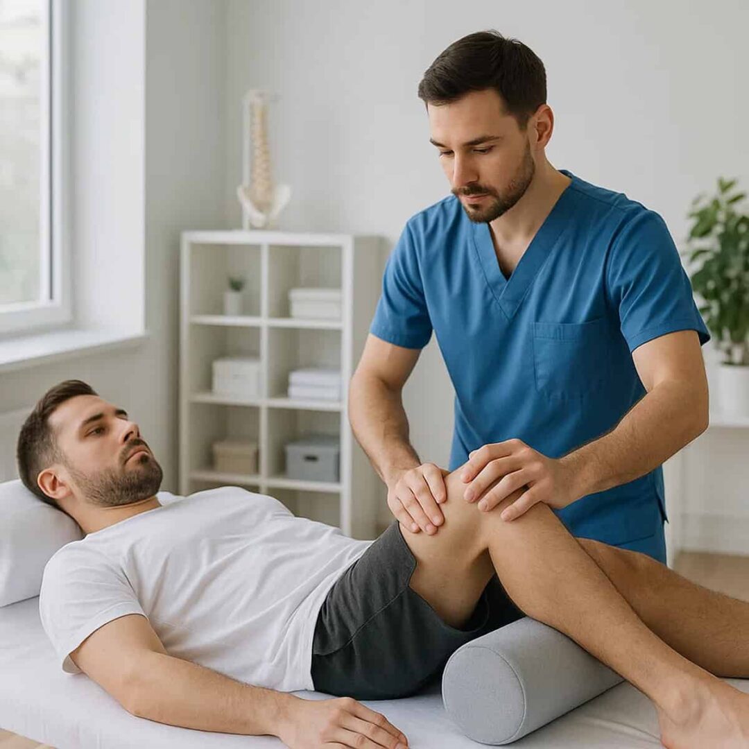 Fizjoterapia - ból, urazy, po operacji - fizjoterapeuta masuję nogę pacjenta leżącego na leżance