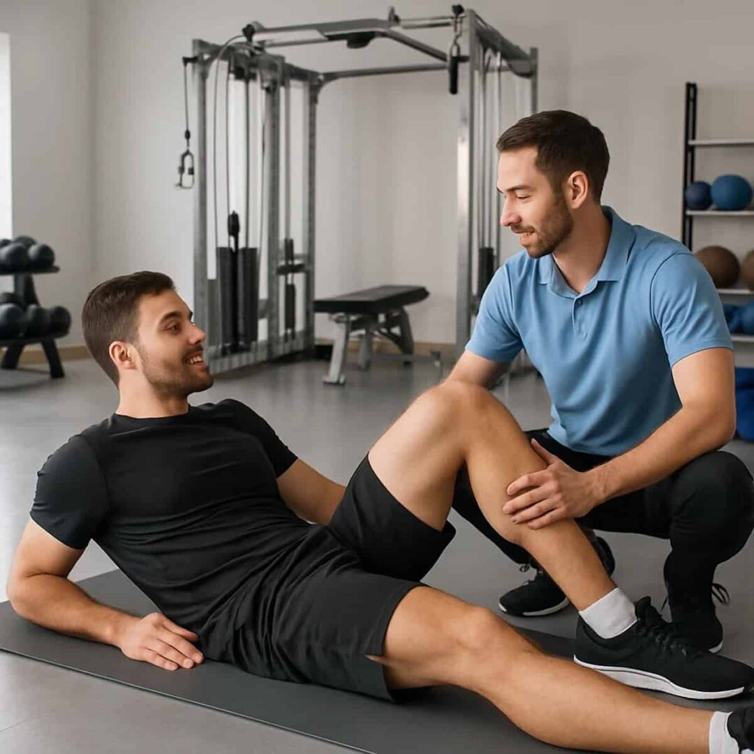 Fizjoterapia sportowa - fizjoterapeuta zgina nogę pacjenta leżącego na karimacie