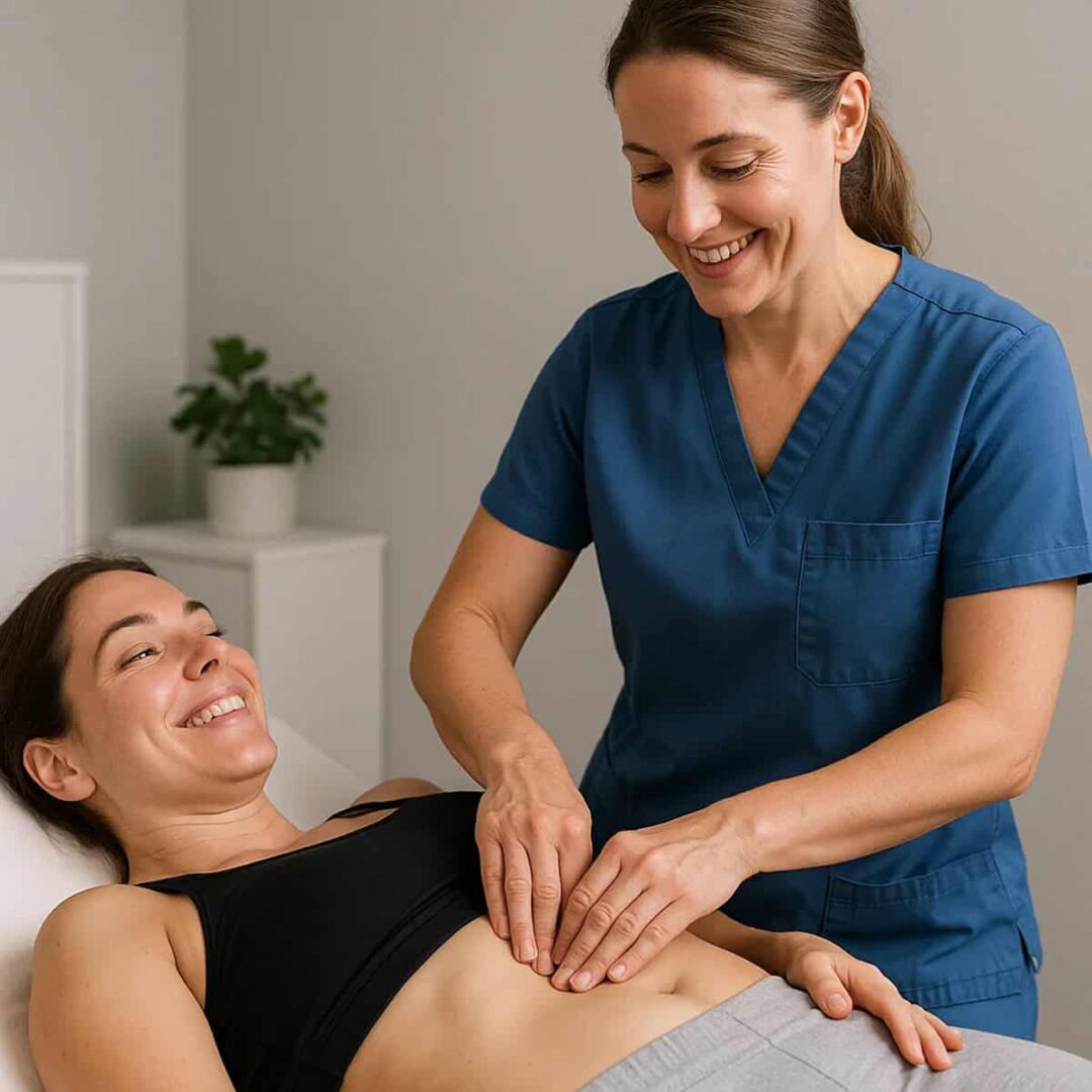 Fizjoterapia uroginekologiczna - fizjoterapeutka masuje brzuch pacjentki