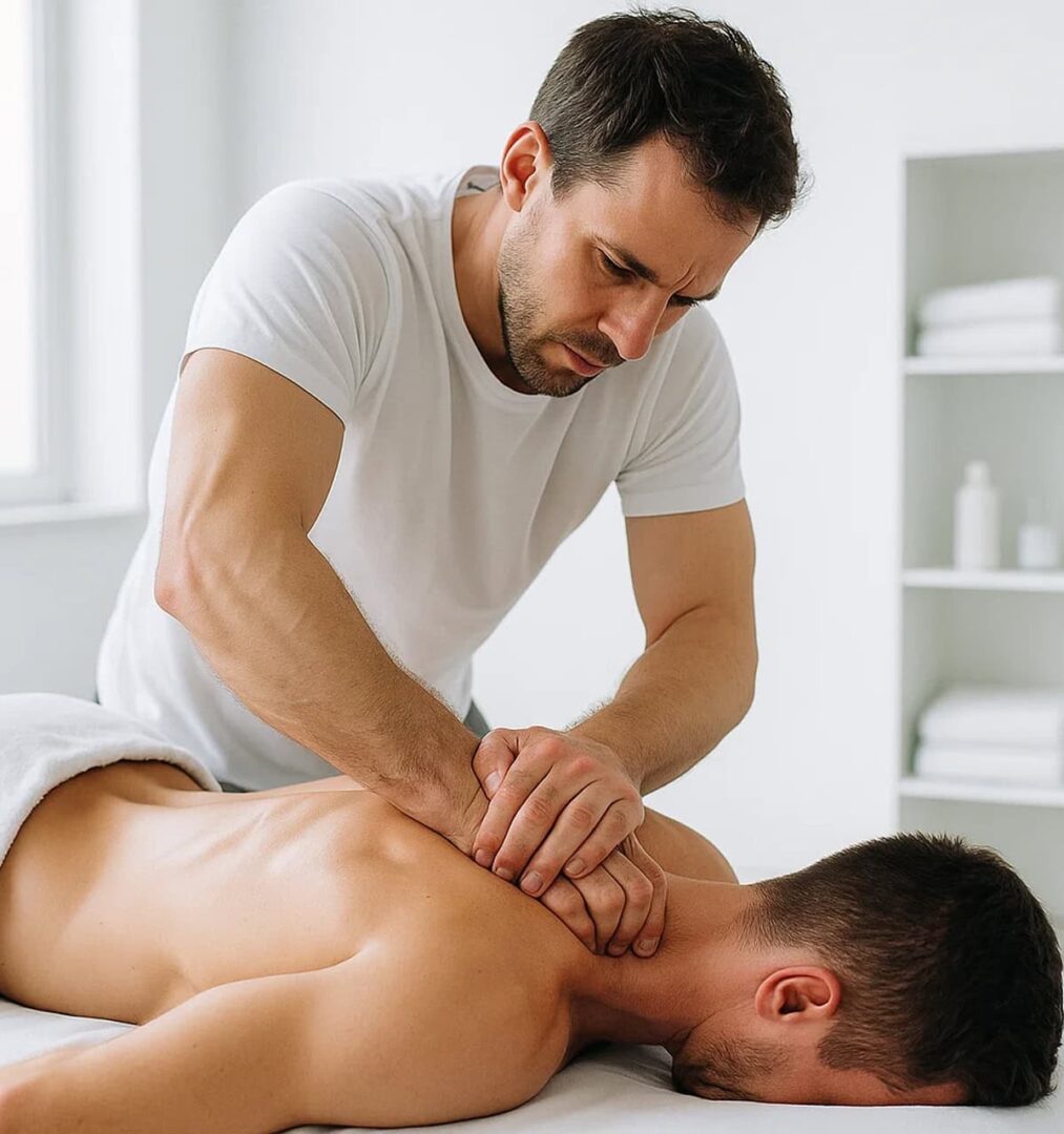 Masaż sportowy - fizjoterapeuta masuje plecy pacjenta leżącego na brzuchu na leżance