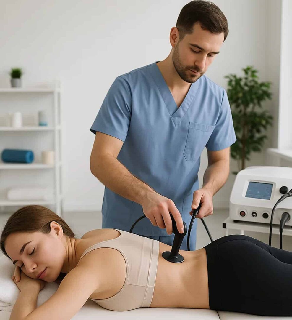 Terapia Indiba - fizjoterapeuta przykłada urządzenie do pleców pacjentki leżącej na leżance