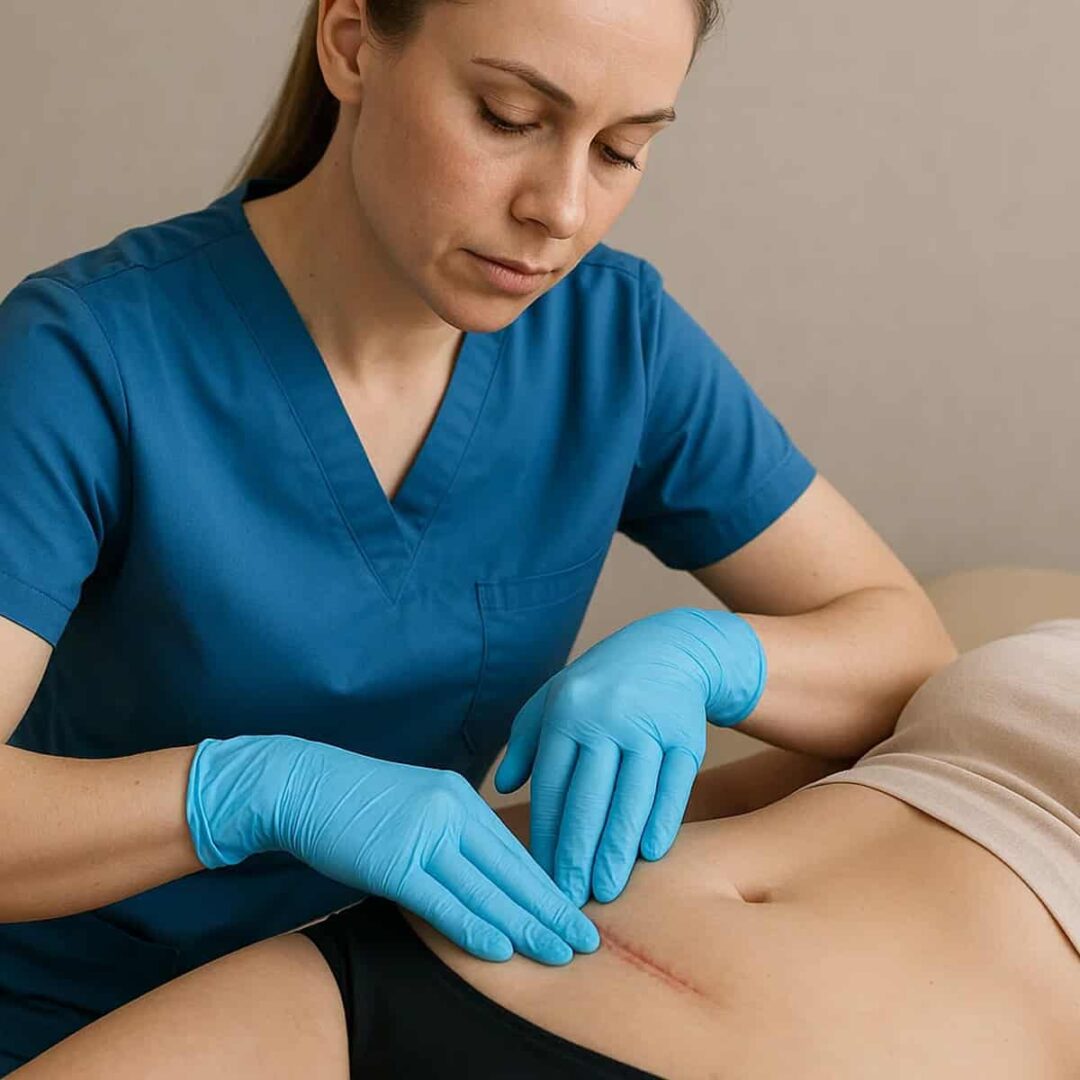 Terapia blizn - fizjoterapeutka ogląda bliznę na brzuchu pacjentki