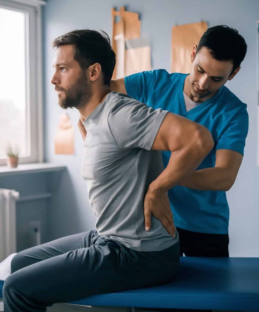 fizjoPS skuteczna fizjoterapia - fizjoterapeuta bada kręgosłup pacjenta