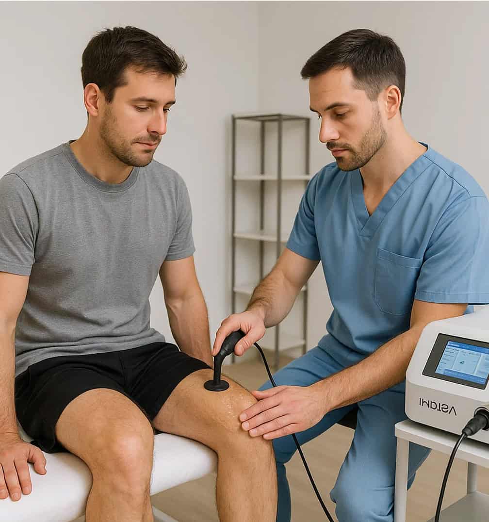 korzyści Terapia Indiba - fizjoterapeuta przykłada urządzenie do uda pacjenta