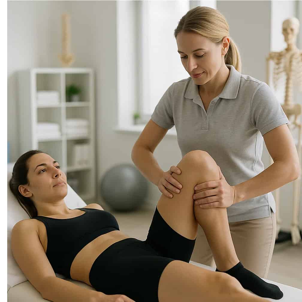 korzyści fizjoterapii sportowej - fizjoterapeutka masuje kolano pacjentki leżącej na leżance